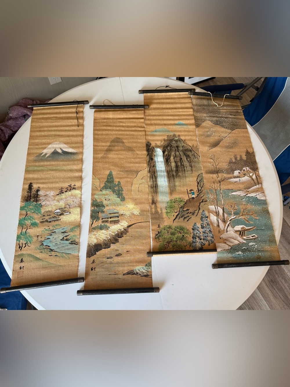 Japanese Art Burlap Scroll Paintings Okinawa Seasons